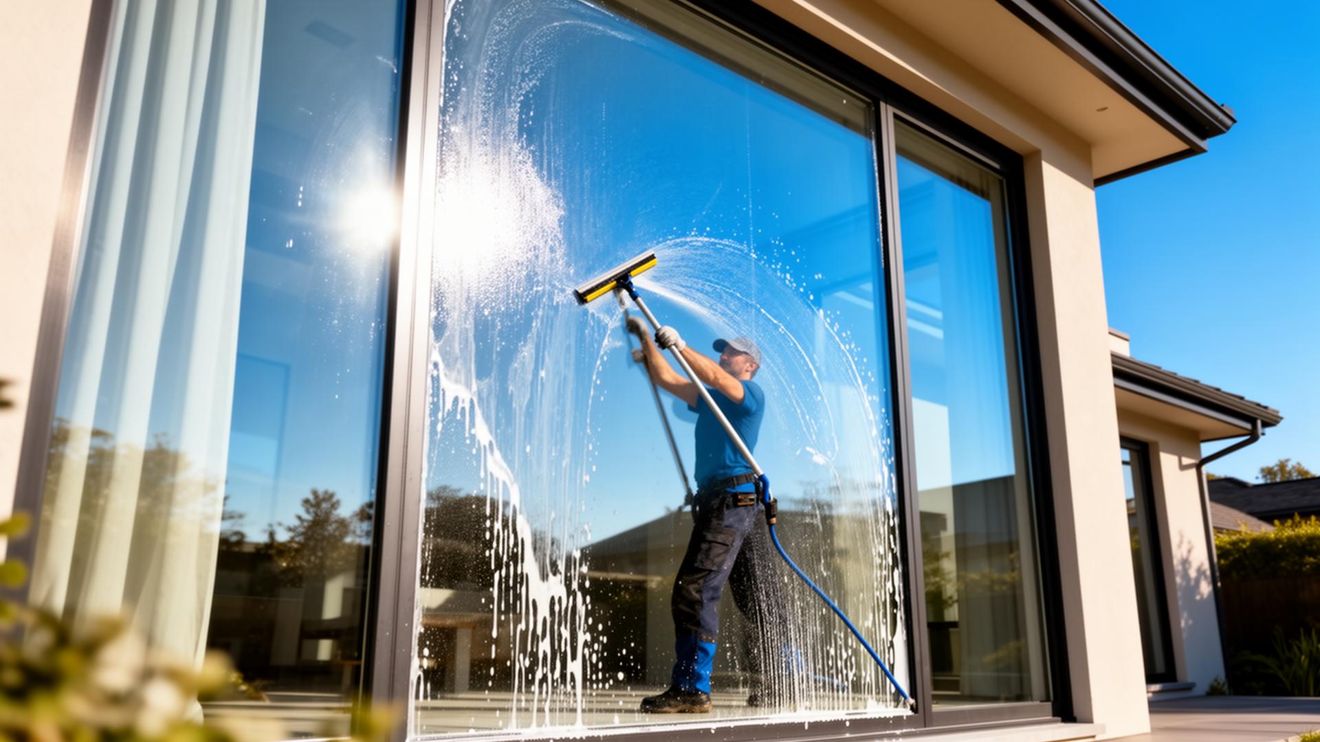 Professional window cleaner washing a large home window